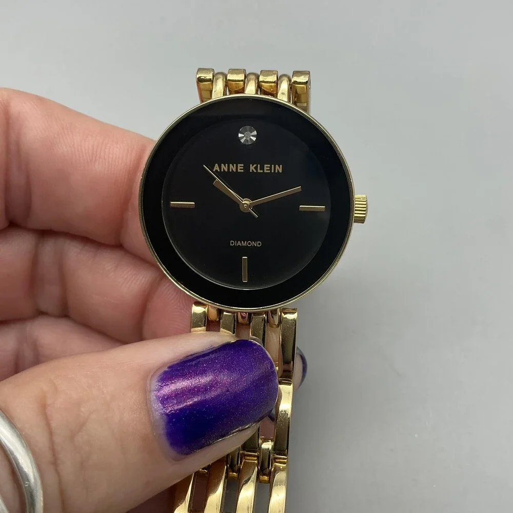 Anne Klein Womens Watch 30mm Black Dial Gold Tone Diamond New Battery 7.5